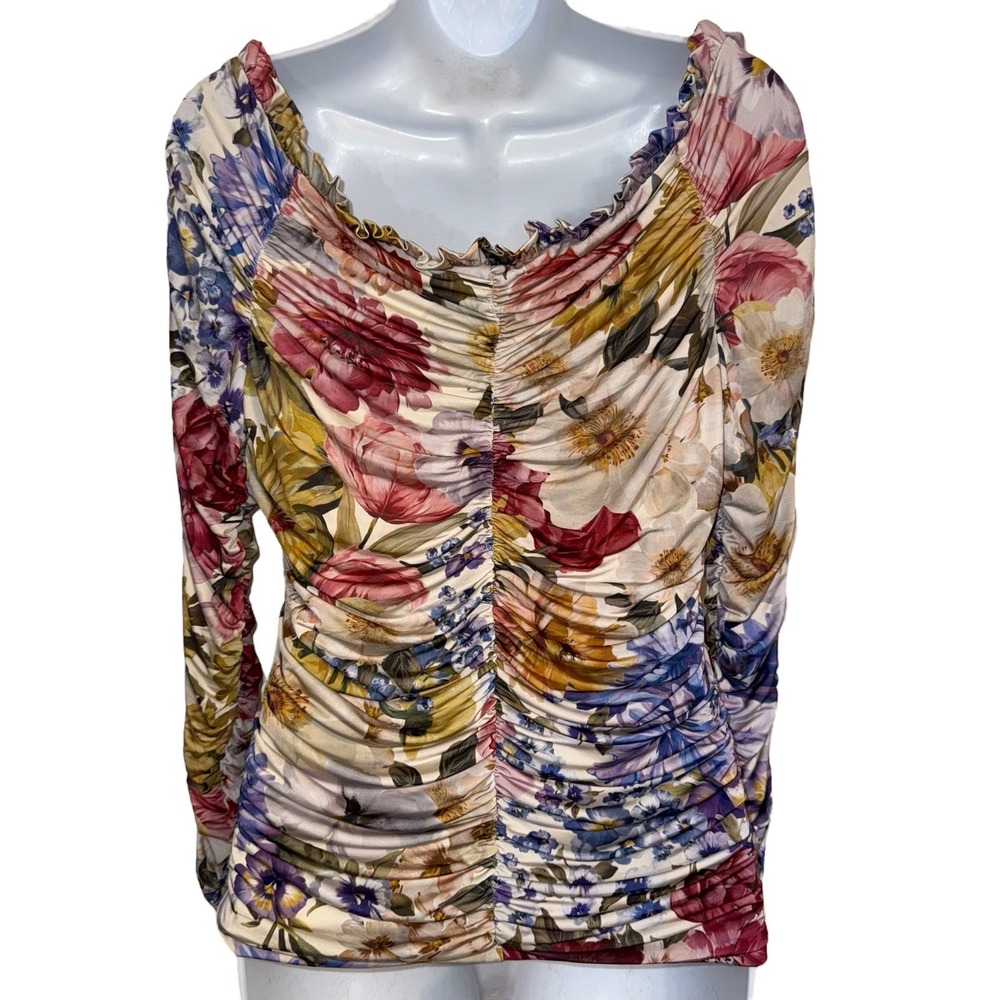 EXPRESS Floral L/S On/Off Shoulder‎ Ruched Body Contour Top NWT $64 Large - Picture 7 of 8